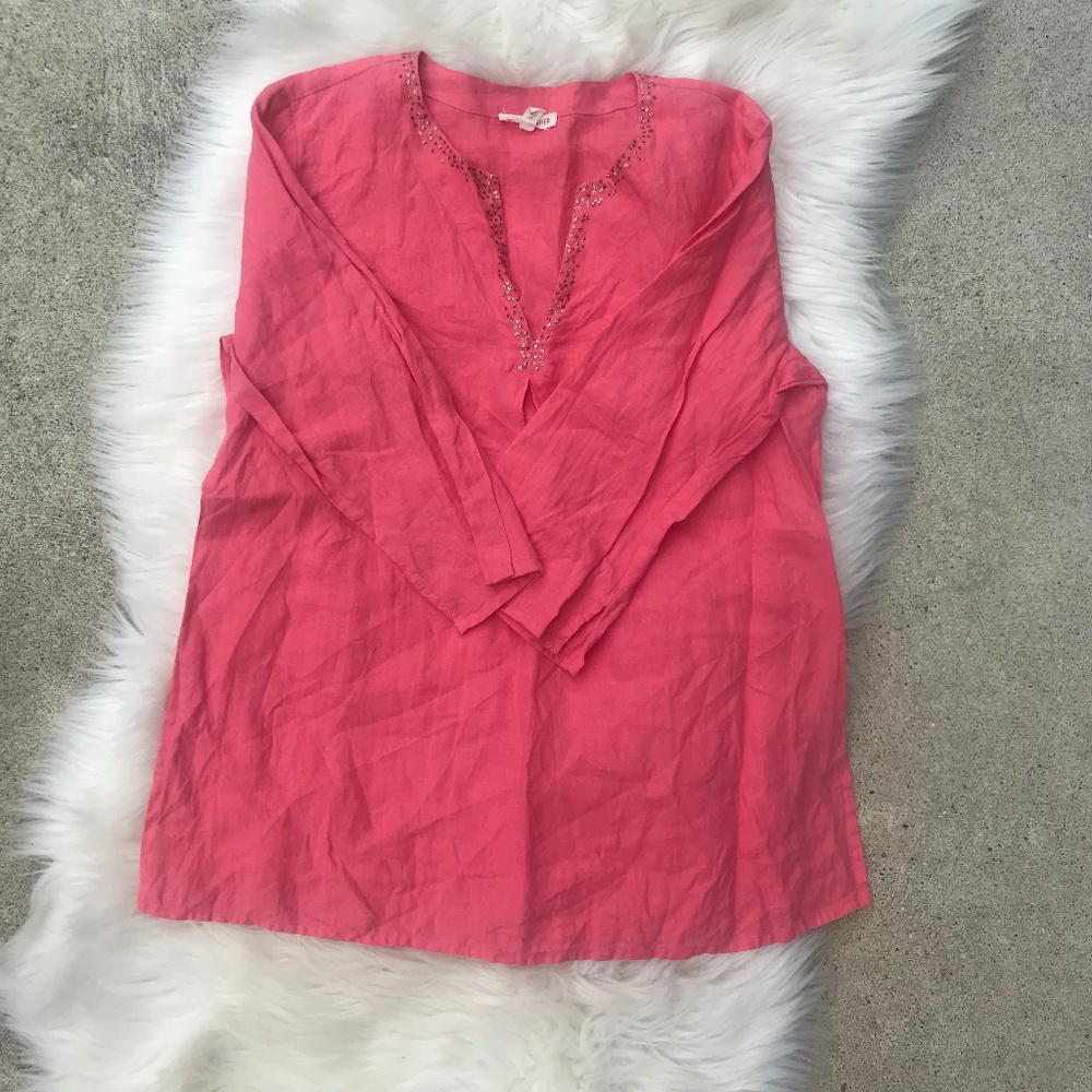 Eileen Fisher Irish Linen Coral Pink V-Neck Sequin